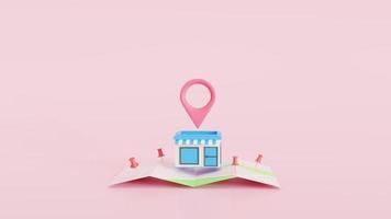 3D minimal shop with a map pin and Map pins, GPS, navigator pin checking points. The concept for delivery service. 3D render illustration photo