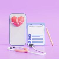 Health checkup online concept, flat  medical check-up form, and a pencil, mobile app, 3D illustration photo