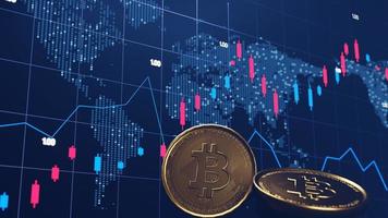 Digital bitcoin cryptocurrency marketing concept visualization. Financial statistical analysis on dark background with financial charts. Stock analyzing. 3D illustration photo