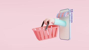 concepto de aplicación de compras en línea. un teléfono inteligente con un brazo sosteniendo una cesta de compras. brillante y colorido. negocio en línea. ilustración de renderizado 3d foto