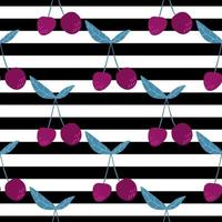 Cherry berries and leaves seamless pattern on stripe background. vector
