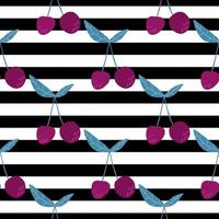 Cherry berries and leaves seamless pattern on stripe background. vector