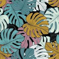 Tropical leaves seamless pattern on black background. vector