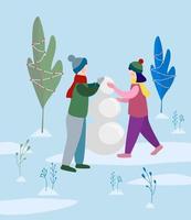 boy and girl making snowman in the park. vector illustration