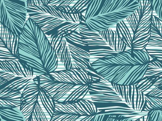 Tropical pattern, palm leaves seamless vector floral background. Exotic plant on stripes print illustration. Summer nature jungle print. Leaves of palm tree on paint lines.