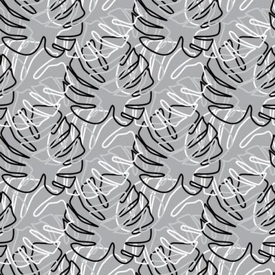 Monochrome monstera leaves seamless pattern in outline style.