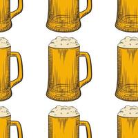 Beer mug seamless pattern. Full beer glasses with foam backdrop. vector