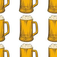 Beer mug seamless pattern. Full beer glasses with foam backdrop. vector