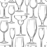 Hand drawn bar glassware seamless pattern. Engraving style. vector