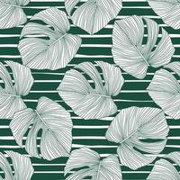 Tropical pattern, botanical leaf backdrop. Monstera leaves seamless pattern on stripes background. vector