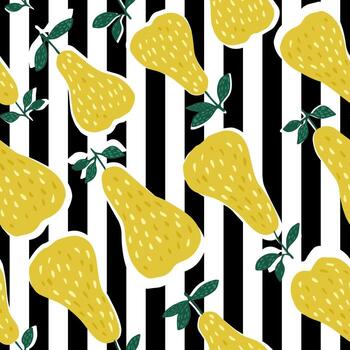 peras de patrones sin fisuras sobre fondo de rayas. pera de diseño divertido vector