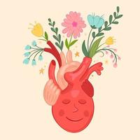 Human heart organ with flowers. Concept for Valentine's Day vector
