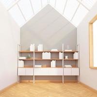 Nordic working room with white shelf book and translucent roof, gray wall and wooden floor. 3D rendering photo