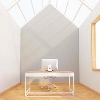 Nordic working room with translucent roof and gray wall, wooden floor. 3D rendering photo