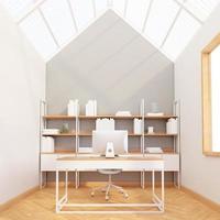Nordic working room with translucent roof and gray wall, wooden floor. 3D rendering