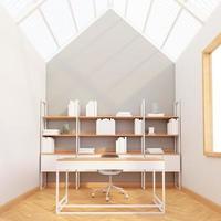 Nordic working room with translucent roof and gray wall, wooden floor. 3D rendering photo