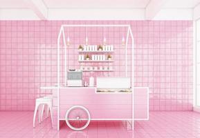 Minimal style coffee shop with pink backdrop, pink wall and pink tile floor, 3D rendering. photo