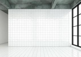 Empty room with white tile wall and white tile floor. 3d rendering