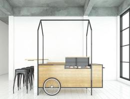cafetería de estilo minimalista con paredes blancas y suelo de baldosas blancas. representación 3d foto