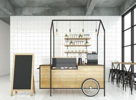 Minimal style coffee shop with white wall and white tile floor. 3d rendering