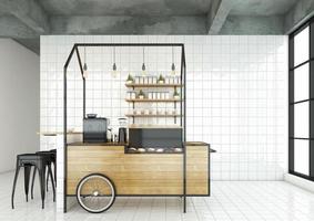 Minimal style coffee shop with white wall and white tile floor. 3d rendering