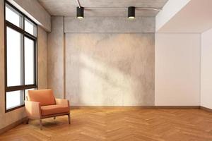 loft habitación vacía con pared de cemento desnudo y suelo de madera, sillón y lámpara de techo. representación 3d foto