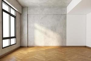 loft habitación vacía con pared de cemento desnudo y suelo de madera patrón. representación 3d foto
