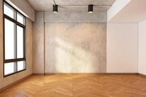 Loft empty room with bare cement wall and pattern wood floor. 3d rendering photo