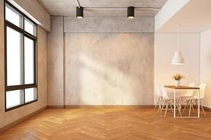 Loft empty room with bare cement wall and pattern wood floor, dining table set and hanging lamp. 3d rendering photo