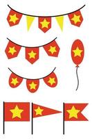 Set of vector icons flags and garlands of Vietnam. Red banners with yellow stars. Asian country independence day symbol. Patriotic pennants. Illustration in a flat style.