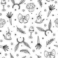 Easter seamless vector pattern. Hand drawn illustration isolated on white background. Holiday symbols - egg, candle, cake, carrot, rabbit ears. Cartoon sketch, simple monochrome doodle
