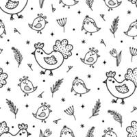 Seamless vector pattern with Easter symbols. Hand drawn illustration isolated on white background. Mother hen walks with cute chickens in a field with grass and flowers. Poultry sketch