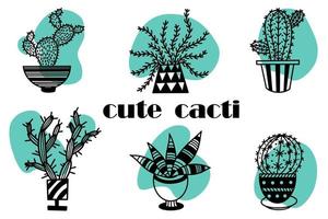 Set of vector icons of cacti and succulents. Cute monochrome potted plants. Hand-drawn black doodle. Thorny flowers with abstract green spots and drops. Collection of cozy boho objects.