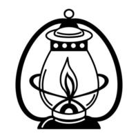 Hand drawn kerosene lamp. Vector icon in doodle style. Black antique lighting fixture with metal handle. A sketch of a camping lighting device. A fire burns inside an oil lamp.