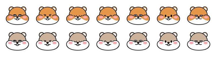 Set of cute faces drawn hamsters. Kawaii hamster with different facial expressions. Collection of avatars mascots funny character animal stickers isolated on white. Vector stock illustration