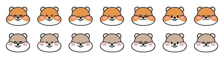 Set of cute faces drawn hamsters. Kawaii hamster with different facial expressions. Collection of avatars mascots funny character animal stickers isolated on white. Vector stock illustration