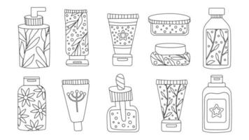 un conjunto de botellas y tubos de cosméticos, tarros para el cuidado de la piel con crema facial, capilar y corporal. estilo de moda para postal, pancarta, plantilla de papel de regalo. trazo editable de ilustración vectorial. vector