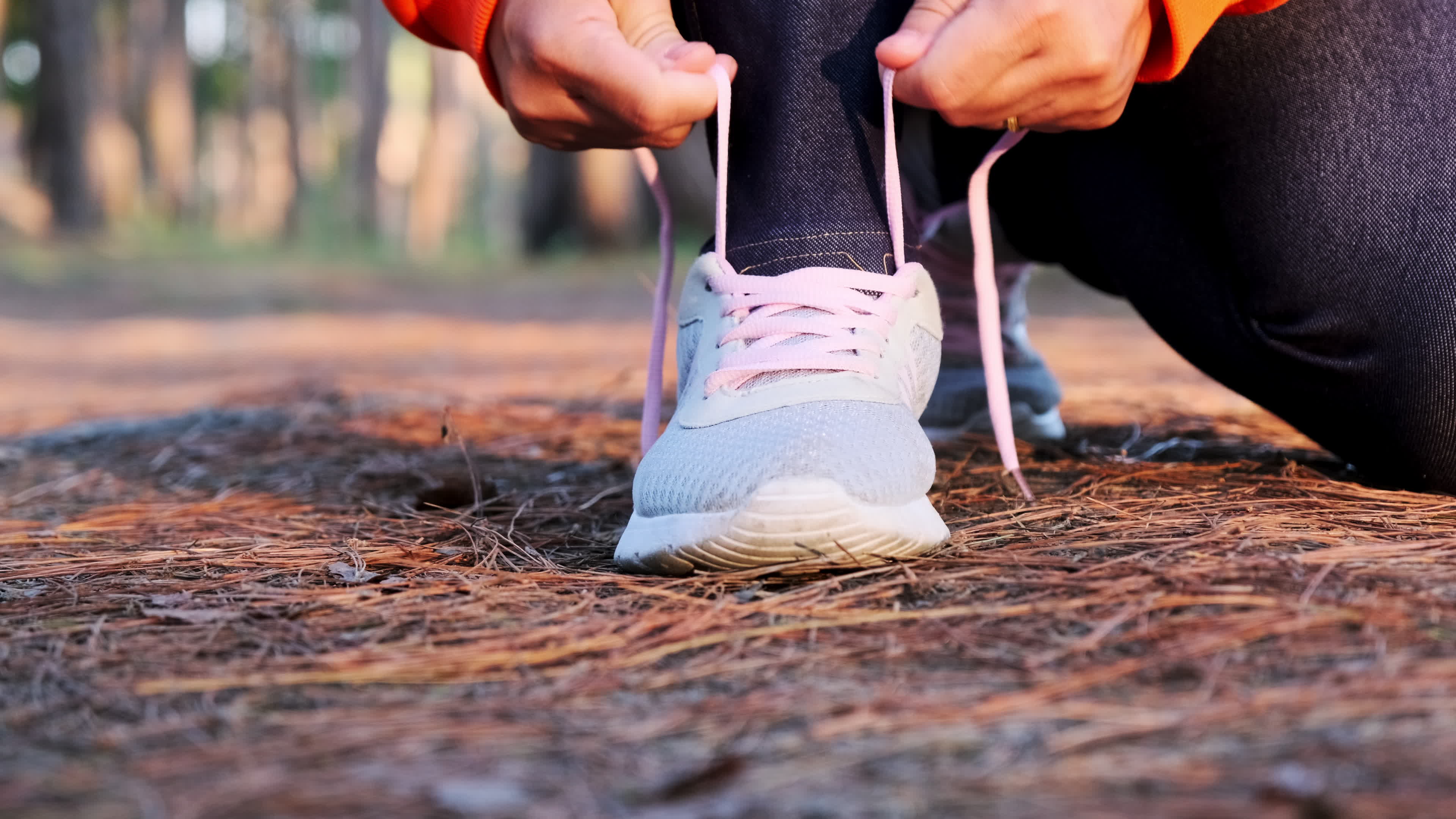 Woman runner tying shoelaces before jogging in autumn tree alley park.  Sports female autumn outfit leggings and thermal underwear. 27598122 Stock  Photo at Vecteezy