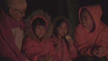 familie wärmt sich am lagerfeuer im wald und unterhält sich. Nachtcamping in der Nähe des Lagerfeuers im Kiefernwald. Tourismus- und Campingkonzepte. video
