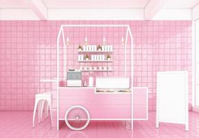 Minimal style coffee shop with pink backdrop and white shop sign, pink wall and pink tile floor, 3D rendering. photo