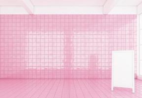 Pink background room with white sign, pink wall and pink tile floor, 3d rendering. photo