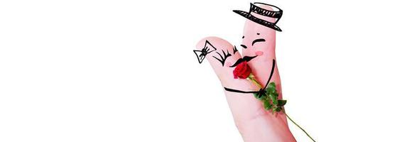 Happy finger couple in love with red rose. 3d illustration. photo