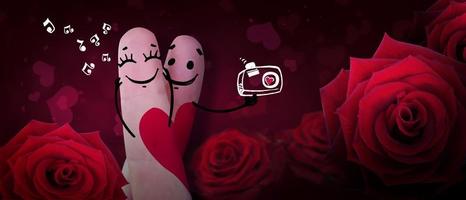 Happy finger couple in love with red rose. 3d illustration. photo