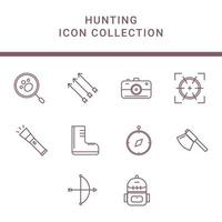 10 conjunto de iconos de colección de caza. hay hacha, flecha, arco, brújula y más vector