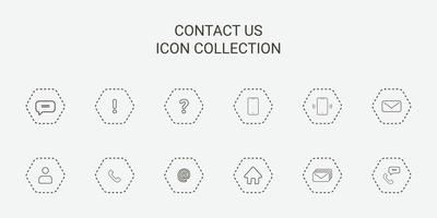 Icono de colección de 12 conjuntos contáctenos. Hay mensaje, teléfono, correo electrónico, llamada, asistencia y más. vector