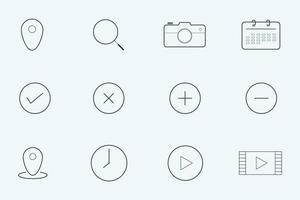 12 set collection Essential icon. there location, search, calendar, camera and more. outline style icon vector