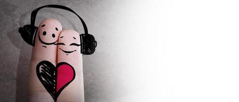 Happy finger couple in love with headphone. 3d illustration. photo