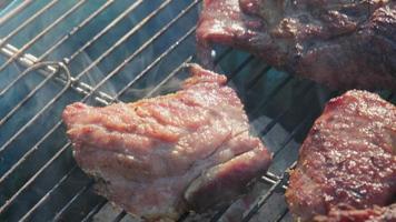 delizioso maiale alla griglia su griglia a carbone con fumo e fiamme, primo piano. cucinare al campeggio. bistecca di maiale alla griglia del barbecue. video