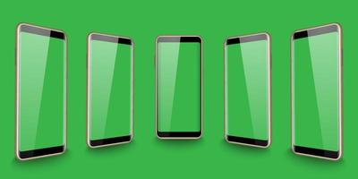 Smartphone green screen display realistic mock up. 5 isolated mobile phone. Template graphic vector illustrator.