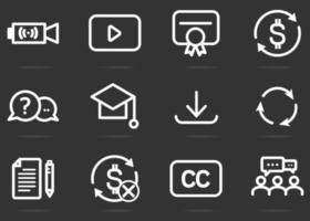 Online Education linear icons. Learning tool application for learner. Includes stream, download, project, files, support, community, certificate, accessibility, update, subscription symbol. vector